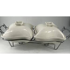Godinger Double Casserole Dishes 1 Qt Covered Porcelain Bakers w/Warming Stand